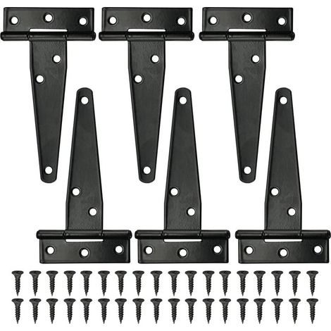 6 PCS Charnière en T Noires Charnière porte de Grange 4 pouces Charnières en T Extérieur avec 36 vis Charnières de Portes en Fer Charnières Robustes pour Portes, Fenêtres, Abris de Jardin (1/5)