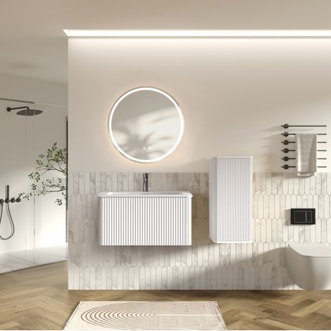 Conjunto de muebles de baño con lavabo y espejo LED, armario bajo y auxiliar, blanco, MDF, vidrio y superficie sólida (1/5)