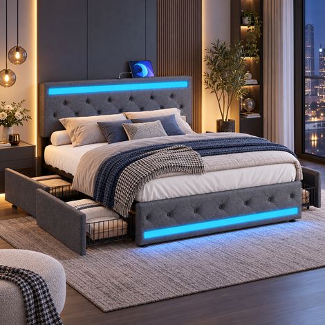 Lit double 180x200 avec 4 Tiroirs, Lit adult 180x200 cm avec sommier, tête de lit avec LED et USB, cadre en métal, Lin Gris (1/5)