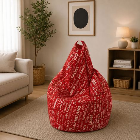Dmora Poltrona a sacco con fantasia con scritte, colore rosso e bianco, Misure 80 x 120 x 80 cm, con imballo rinforzato (1/4)