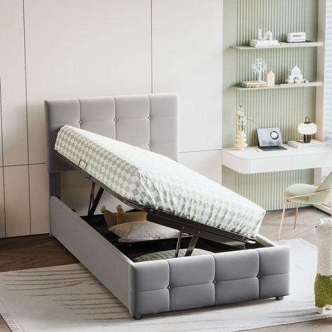 Letto imbottito 90x200 cm grigio in velluto con contenitore e testiera regolabile (1/5)