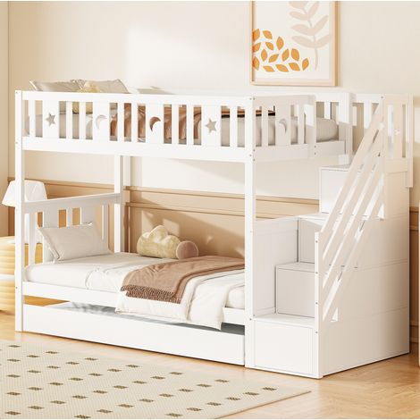 Letto a castello per bambini 90x200 cm con letto estraibile 90x190 cm e scala contenitore bianco (1/5)