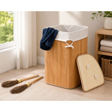 Ensemble de nettoyage et de déguisement en bambou (2 pièces) – Lot de 2 balais de sorcière et bac à linge d'angle en bambou (1/5)