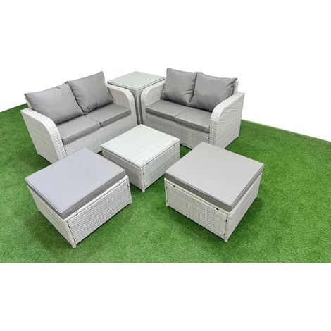 Fimous 6 Seater Outdoor Love Sofa Set Rattan Garden Furniture Set with Square Coffee Table 2 Footstool Side Table Light Grey (1/4)