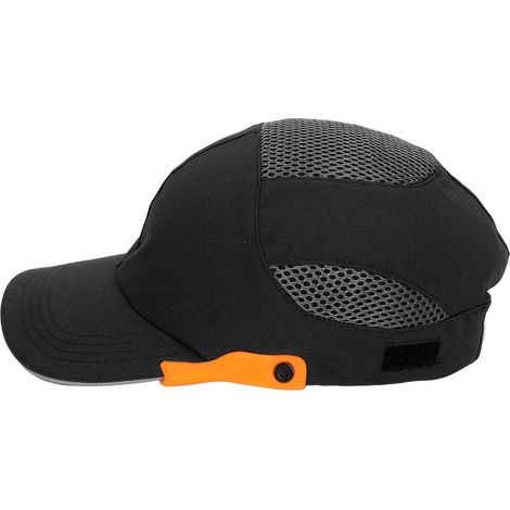 Casquette de baseball à visière respirante et ajustable, idéale pour le sport et le travail, noire avec bordure orange. (1/5)