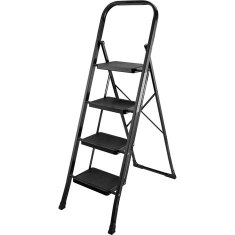 Wiltec Escalera plegable con asa y 4 peldaños, negra, de acero Q195, hasta 150 kg, taburete para hogar, garaje y taller (1/5)