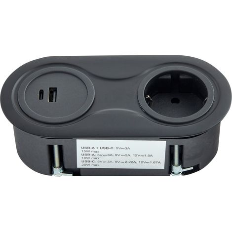 Einbausteckdose oval schwarz mit 1x Schuko, 2x USB (1/2)