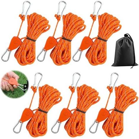 Ensemble de 6 tendeurs à cliquet avec crochets, haubans réfléchissants, cintres à cliquet pour vêtements, tendeur à cliquet Ø4 mm avec crochets pour tentes, ventilateurs, lampes horti (1/5)