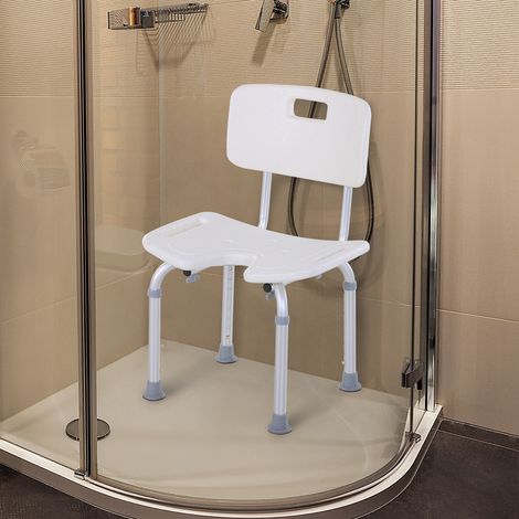 Sedia Doccia Regolabile su 8 Livelli con Fori di Drenaggio, in Alluminio e PE, 48x42x71-83.5 cm, Bianco e Argento