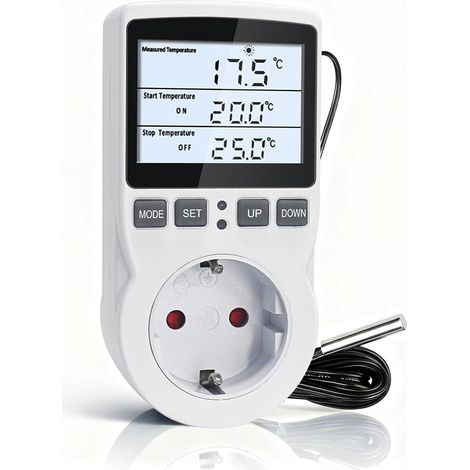 Prise Thermostat avec Sonde de 3 Mètres 220V, Régulateur de Température Prise Numérique avec Rétroéclairage LCD, Contrôleur de Température pour Couveuse Frigo Serre