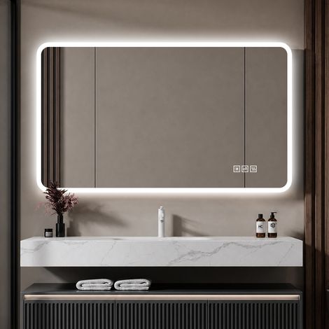 Miroir salle bain LED 60x100cm cadre verre dépoli antibuée 3 lumières réglables mémoire IP44 pose horizontale verticale (1/5)