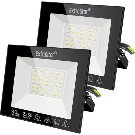Projecteurs LED Extérieur 30W, IP65 Etanche, 2550LM, Spot LED Extérieur, 6500K Blanc Froid, Eclairage de Sécurité, pour Jardin Terrasse Garage Patio Grange Cour, Lot de 2