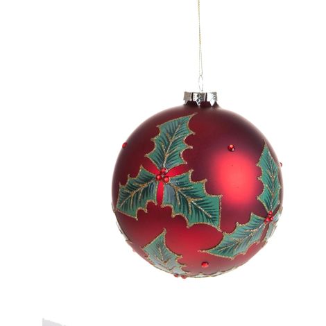 Pallina per albero di Natale con decorazione Agrifoglio in rilievo, in vetro, da 10 cm, confezione da 4 pezzi (1/4)