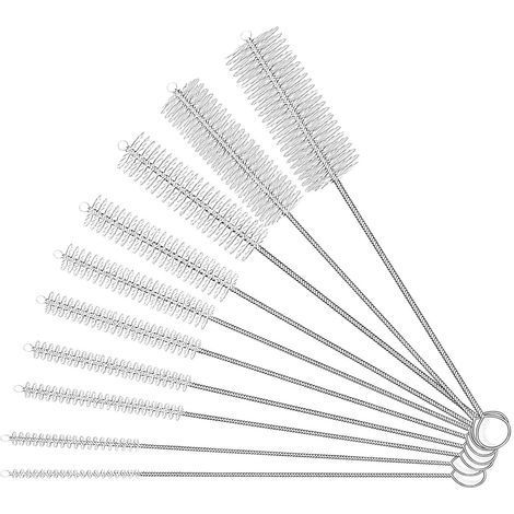 Reinigungsbürsten-Set aus Edelstahl (10-teilig): Strohhalmbürste, Teekannenbürste, Reagenzglasbürste, Tassenbürste, Babyflaschen- und Saugerbürste, Nylonbürste, Fugenbürste. (1/4)