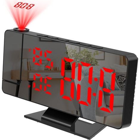 Sveglia da comodino con proiezione a 180°, schermo a specchio LED da 78", orologio digitale con modalità giorno lavorativo - Rosso (1/5)