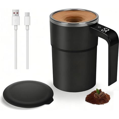 Elektrischer, automatischer Magnet-Kaffeebecher mit Selbstumrührfunktion, 380 ml, mit Temperaturanzeige, Thermobecher aus Edelstahl für Kaffee, Kakao, Tee, Saft, Milch (Schwarz) (1/5)