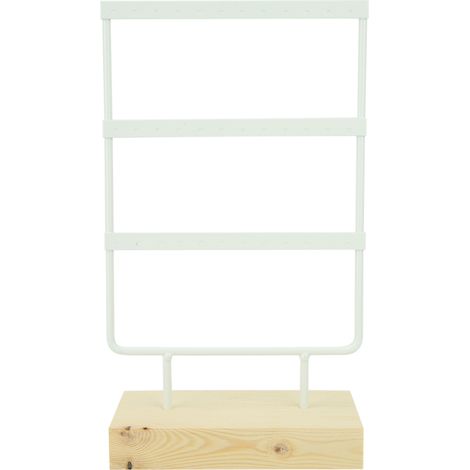 Soporte metálico para exhibición de joyas con 36 ranuras y base de madera blanca.