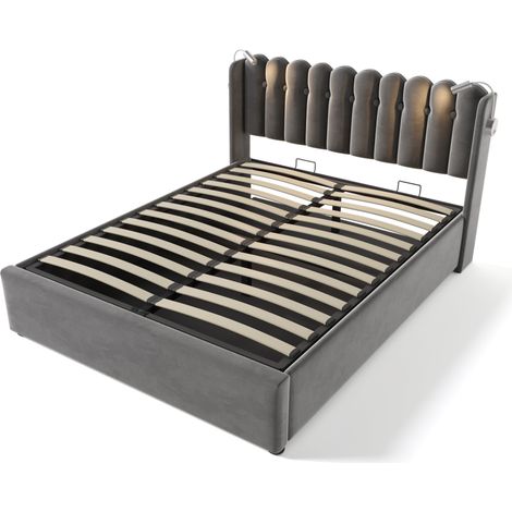 Cama canapé doble 160x200 de terciopelo gris con lámpara de lectura y USB HOMVRA (1/5)