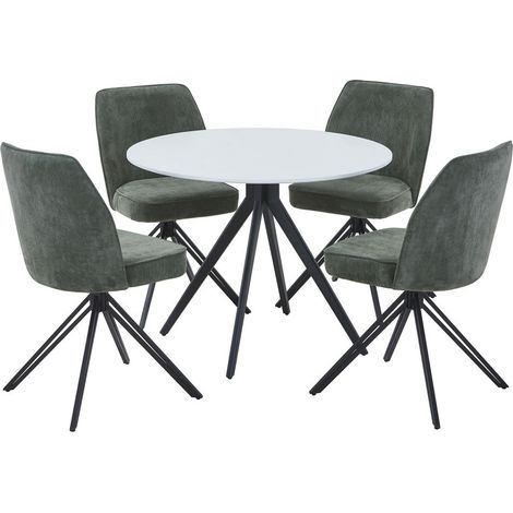 Aspen White Round Table & 4 Green Swivel Dining Chairs - Upholstery Fabric - L69 x W46 x H92 cm