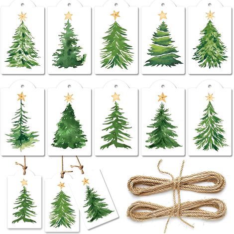 120 piezas de colgadores de regalo con forma de árbol de Navidad - cordel de lino acuarela verde árbol de Navidad etiqueta de papel - tarjeta de nombre colgante para fiestas de invierno (1/5)