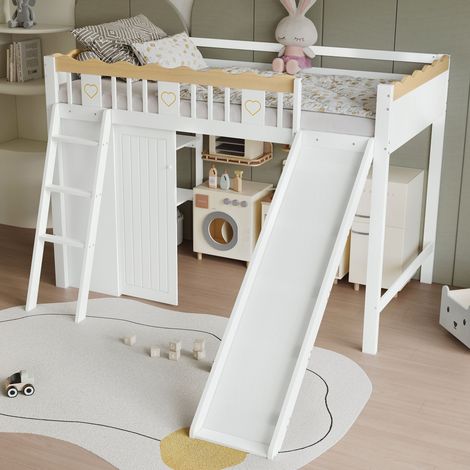 Letto a soppalco per bambini 90x200 cm con scala, scivolo, appendiabiti e ripiani, barriera di sicurezza, letto singolo in legno massello - Bianco