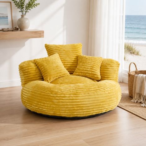 Fauteuil pouf 108x108x52 cm en velours côtelé jaune, dossier haut, pour salon – stable – MEUBLIV (1/5)