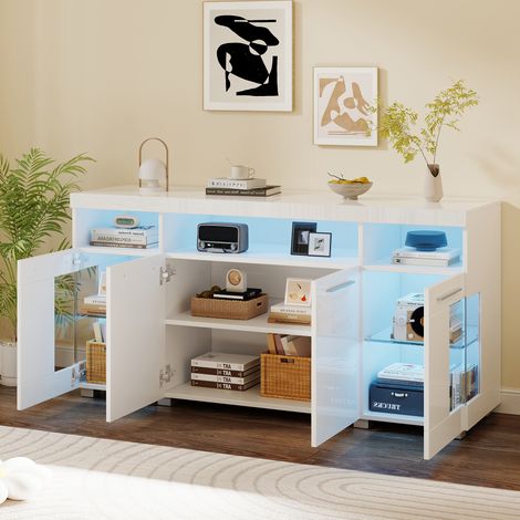 Buffet large blanc en verre trempé, 140x40x70 cm, table d'appoint lumineuse avec LED, meuble latéral brillant 3 compartiments pour salon (1/4)