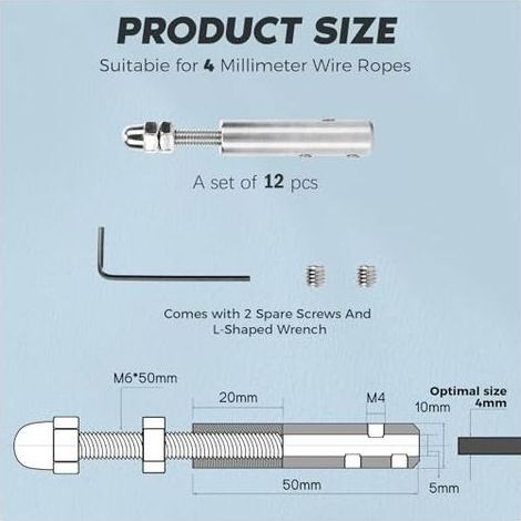 Tendeur Cable Inox pour 4mm, 12 Pièces et clé en L-Tendeur de câble Métallique Câble acier Inoxydable Fixation Hauba - 4mm12pcs (1/5)