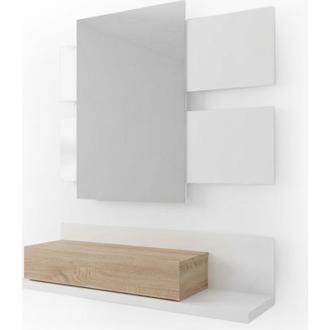 Mueble Recibidor Tekkan + Espejo y Cajon, 75 cm, Blanco y Roble (1/5)