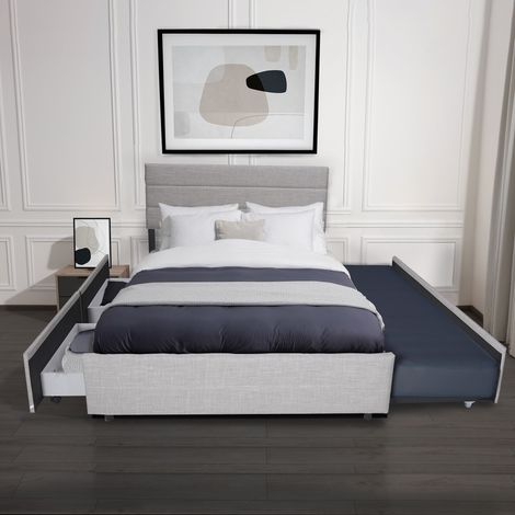 Le Quai Des Affaires – Lit Palermo 140x200 avec 2 tiroirs et tiroir-lit 90x190 – Tissu gris clair – Dimensions 203x142x105,5 cm – Sommier 12 lattes en bois (1/5)