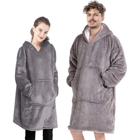 Flannel Hoodie Couverture Chaude Douce Robe Sweat Pull avec des Manches Velvet Épaisse Plaid Couverture, Sweat à Capuche Super Doux Chaud Confortable Taille Unique Gris (1/5)