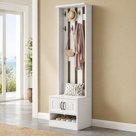 Zapatero con banco, 2 puertas, 8 ganchos, blanco, 50 x 36 x 190 cm HAVRYA (1/5)
