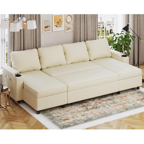 Ecksofa mit Schlaffunktion und Bettkasten, L-Form 3-Sitzer, Velours, Beige (1/5)