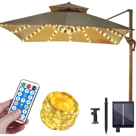 Guirlande lumineuse solaire pour parasol - LED - Éclairage solaire avec télécommande - 8 modes - Guirlande lumineuse pour parapluie - Étanche - Pour tente de camping - Décoration de (1/4)