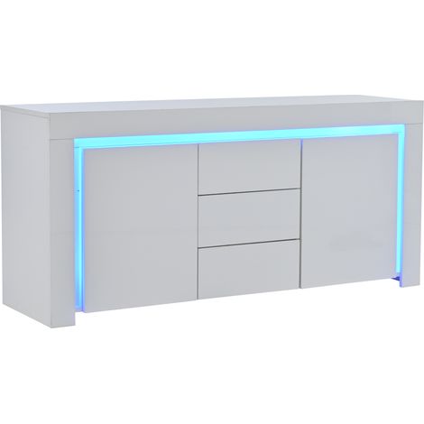 Credenza soggiorno 140 x 40 x 65 cm bianca lucida con 2 ante, 3 cassetti e LED (1/5)