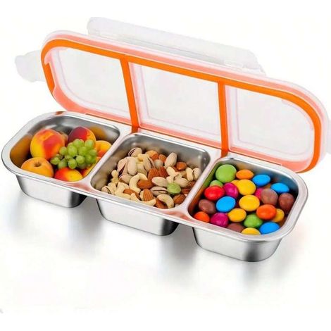 Boîte à goûter à trois compartiments - Boîte à goûter - Boîte à goûter compartimentée - Boîte à goûter avec couvercle - Récipient alimentaire compartimenté - Récipient à sauce - Orange - Acier inoxyda (1/5)