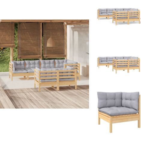 7-tlg. Garten-Lounge-Set mit Grauen Kissen Kiefer Massivholz - Gartensessel - Lounge Set - Gartenmöbel - Outdoor Möbel - Rattan Sessel (1/5)