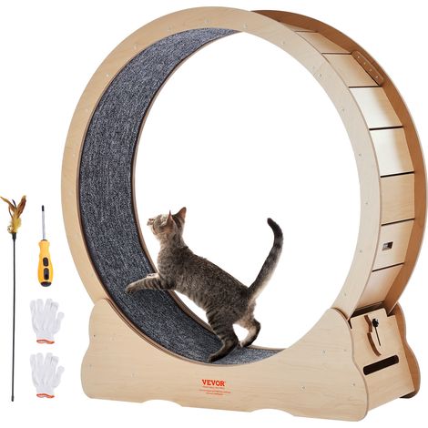 VEVOR Ruota per Esercizi per Gatti in Legno, Ruota per Tapis Roulant per Gatti 110 cm, Ruota Tavola di legno per Corsa con Tappeto Staccabile e Teaser per Gatti per Corsa Allenamento Interno Gialla