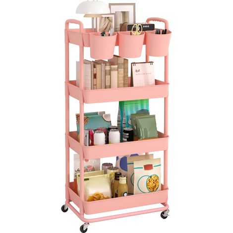 Chariot de Rangement à 4 Niveaux, roulettes en Plastique verrouillables, poignées, gobelets Suspendus supplémentaires, pour Salon, Salle de Bain, Cuisine, Bureau, Rose (1/5)