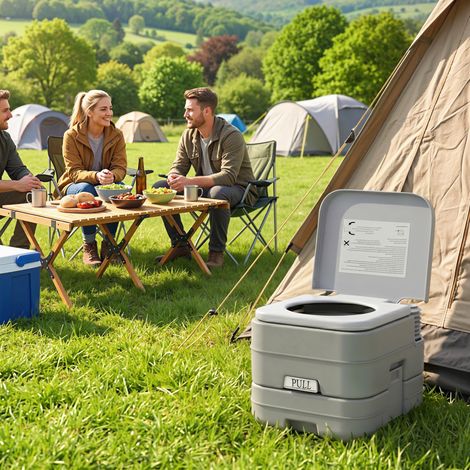 Inodoro Portátil con Tanques Dobles de 10L Estructura en Plástico PE para Camping y Senderismo 36x42x30 cm Gris (1/5)