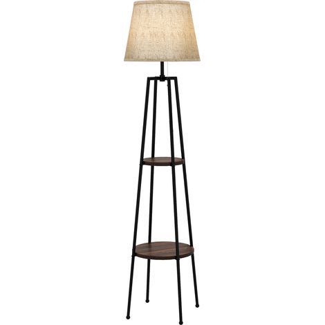 Stehlampe mit Ablagen, E27-Fassung (40 W), Zugschalter, Stofflampenschirm, 42 x 42 x 166 cm, schwarz und braun