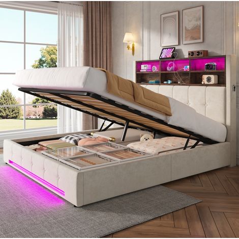 Lit coffre 160x200 cm avec LED, USB-C, rangement hydraulique et tête de lit 6 niches, velours beige (1/5)