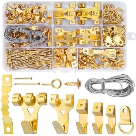 Ganchos para marcos de fotos, kit de 250 piezas para colgar cuadros, con tornillos, clavos, anillas en D y cáncamos, colgadores dentados, cable de acero, ganchos para marcos de fotos (1/5)