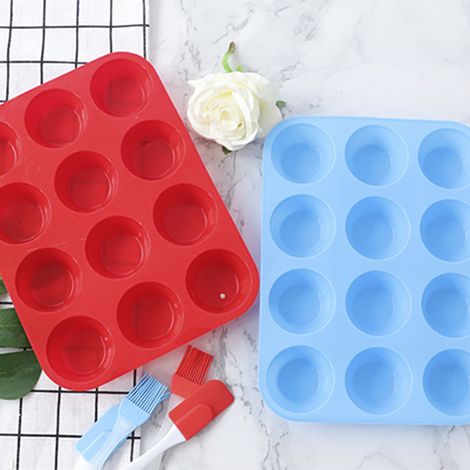 Moule à gâteau à 12 cavités pour gelée, pudding, gâteau et tartelettes aux œufs  moule à gâteau rond en silicone à 12 trous  moule à gâteau en silicone (bleu). (1/5)