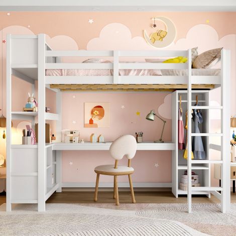 Hochbett, Regale, mehrere Ablagefächer, Schreibtisch, Kleiderschrank, ohne Matratze