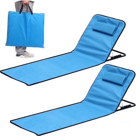 Transat de Plage 2 Pièces,Matelas de Plage Pliable,Chaise de Plage Pliable,et Réglable,Tissu Oxford 600D imperméable,Sac de Rangement Inclus, pour la Plage, Le Parc, Le Camping(Bleu Clair) (1/5)