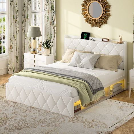 Lit 160x200 cm - Lit Coffre 160x200 avec 6 compartiments, LED Multicolore et Ports USB - Revêtement Teddy Doux - Blanc (1/5)