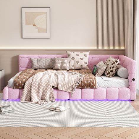Lit banquette 90x200 en laine bouclée avec led 16 couleurs - ports usb et type-c - 2-en-1 canapé-lit - rose (1/5)