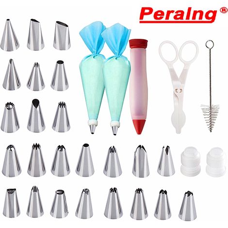Douille À Glacer - 31 Pièces En Acier Inoxydable Avec 24 Douilles, 2 Sachets Pâtissiers En Silicone, 2 Raccords Réutilisables, 1 Brosse De Nettoyage, 1 Stylo À Décorer (1/5)