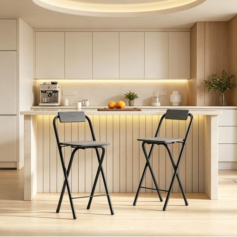Set de 2 taburetes de bar plegables negros, 37×45×87 cm, con respaldo y reposapiés (1/5)